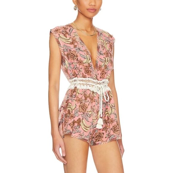 Free People "Watching Waves" Printed Cotton Crochet-Trim Romper, Mauve Combo - Picture 2 of 3